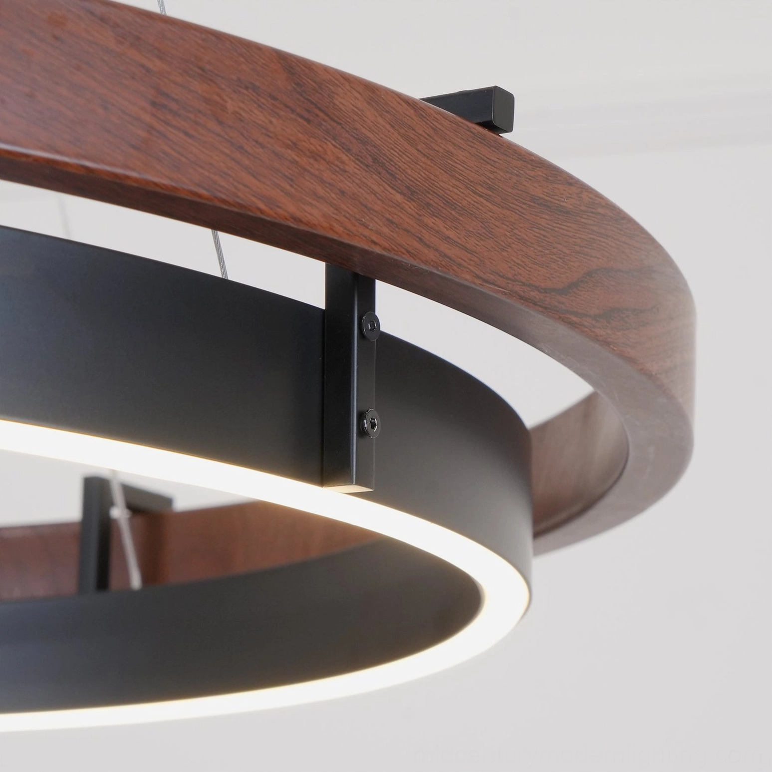 Ring Dunst chandelier close-up side view showing integrated LED strip and walnut grain texture detail