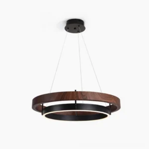 Ring Dunst modern double-ring LED chandelier in walnut hydro-transfer finish, studio front view on white backdrop