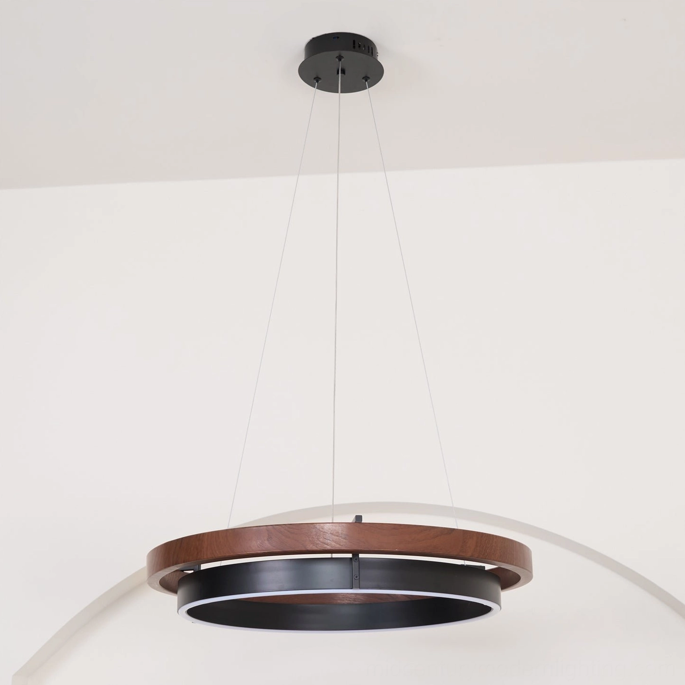 Ring Dunst modern LED chandelier walnut hydro-transfer finish studio product photography