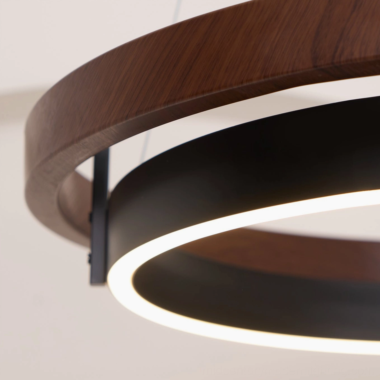 Ring Dunst modern double-ring chandelier walnut grain paper hydro-transfer finish closeup texture