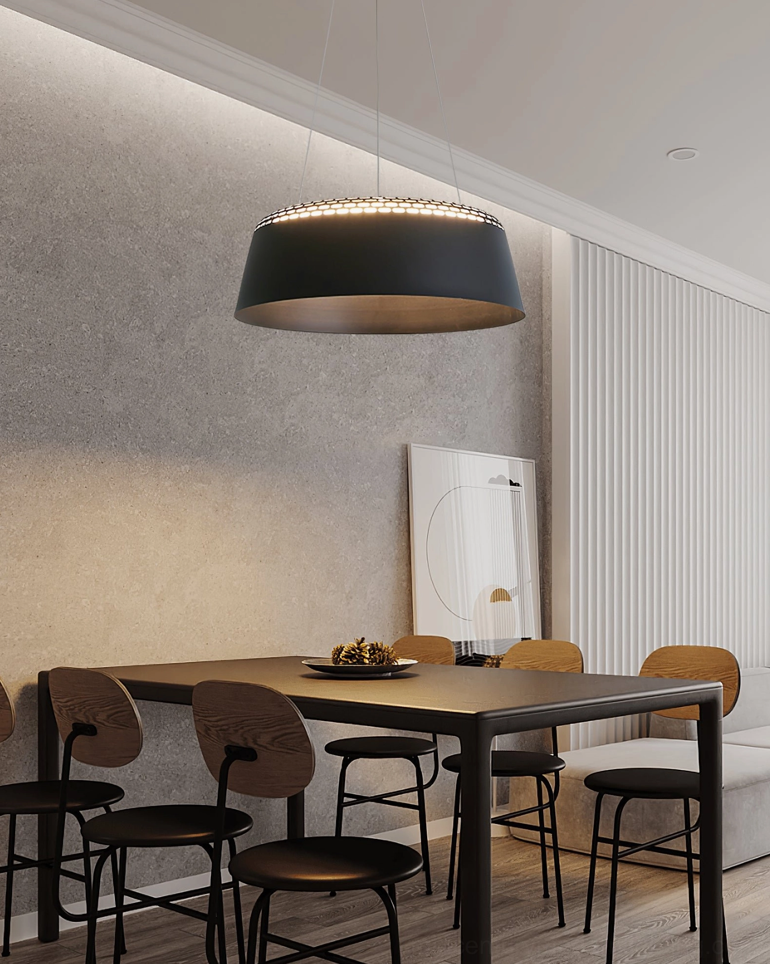 Ring black pendant fixture in contemporary home dining room with warm ambient glow and textured walls