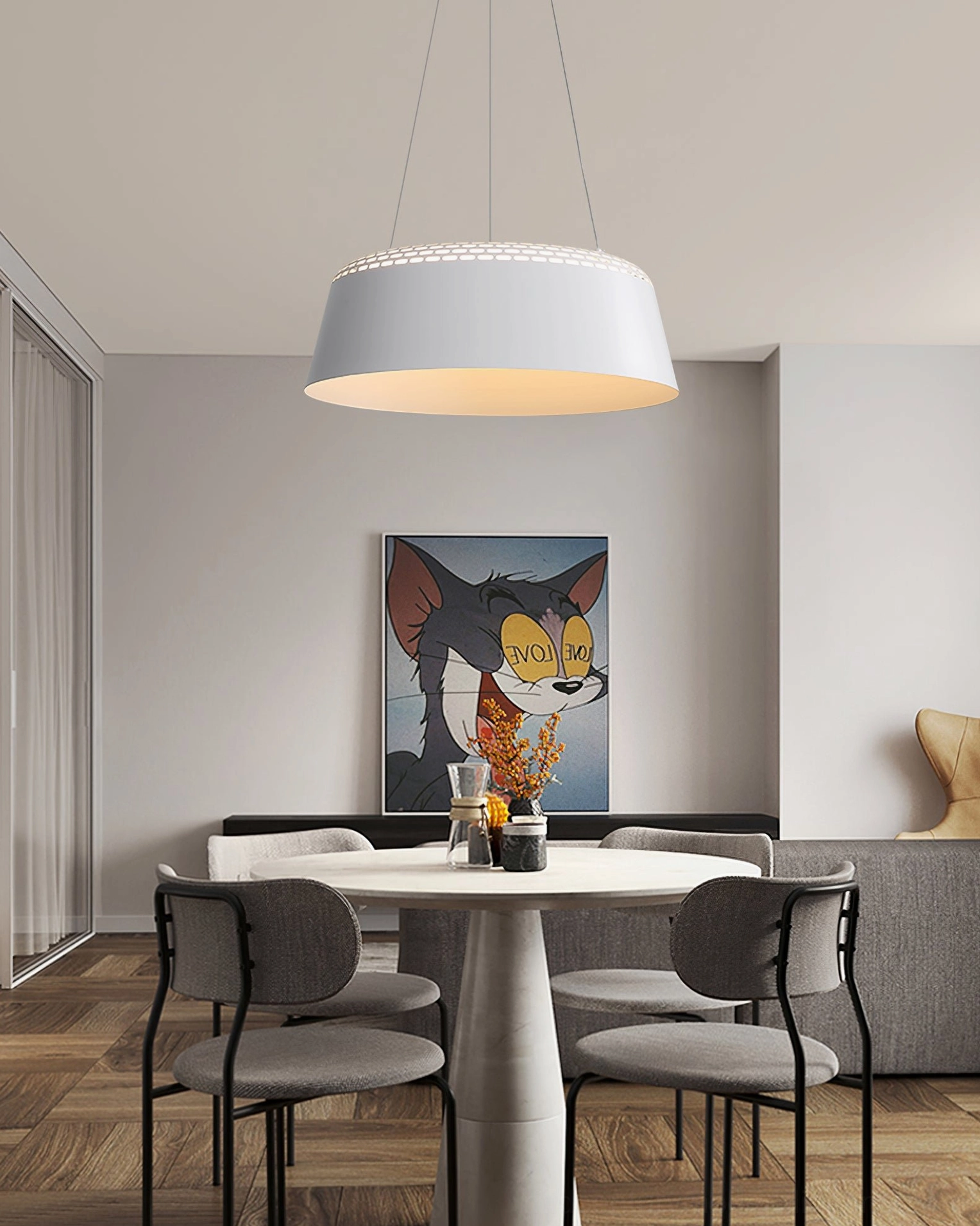 Ring pendant ceiling mounted installation showing suspension wires and integrated LED concealment design
