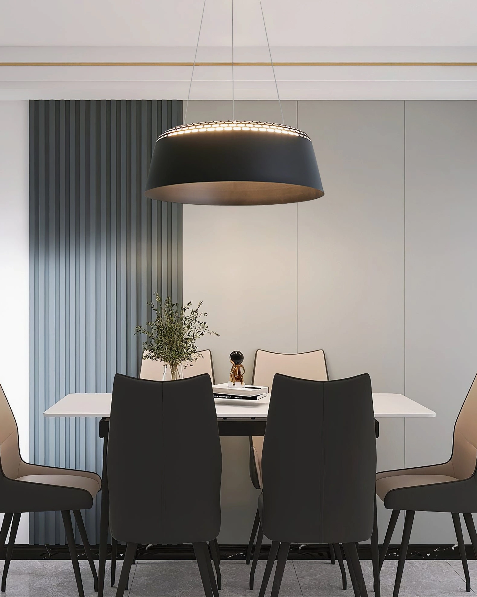 Ring mid-century modern pendant drum light fixture, architectural detail and perforated steel pattern