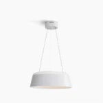 Ring modern pendant light white drum fixture with perforated steel trim and dual hanging wires, studio front view