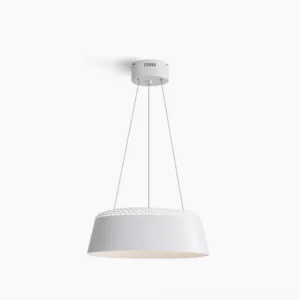 Ring modern pendant light white drum fixture with perforated steel trim and dual hanging wires, studio front view