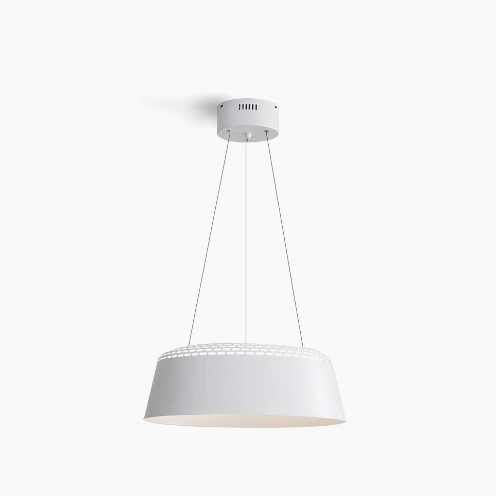 Ring modern pendant light white drum fixture with perforated steel trim and dual hanging wires, studio front view
