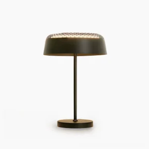 Ring T1 minimalist table lamp with perforated metal ring shade in matte black, studio frontal view