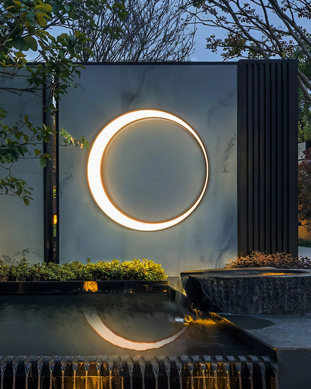 Contemporary ring wall lamp close-up detail of stainless steel construction and minimalist design elements