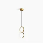 Rings pendant lamp double stacked brass rings with integrated LED glowing warm light front view
