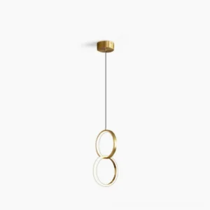Rings pendant lamp double stacked brass rings with integrated LED glowing warm light front view