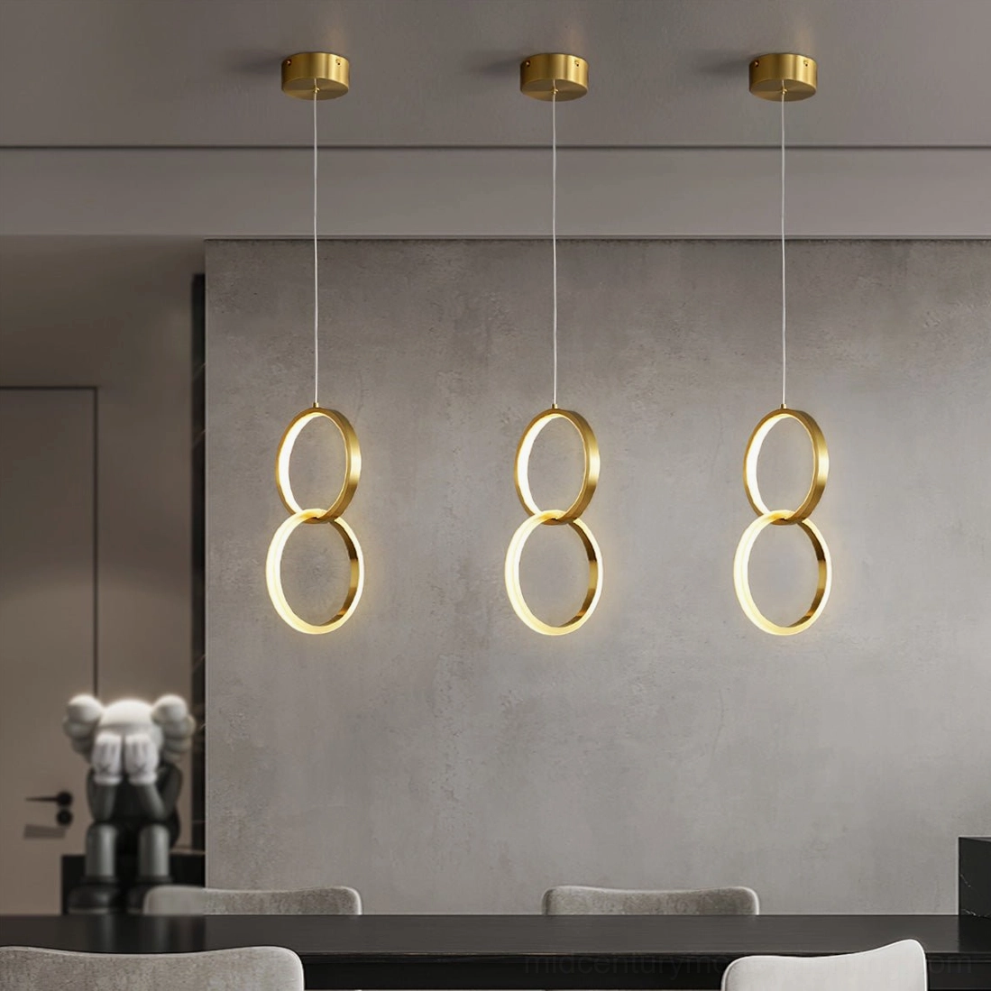 Rings modular pendant lamps triple set installed modern dining room concrete wall warm brass LED