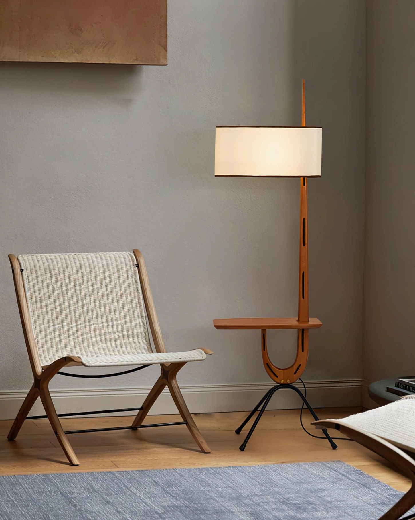 Rispal Floor Lamp white fabric oval drum shade close-up showing light diffusion and shade proportions, studio detail photography