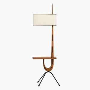 Rispal Giraffe Floor Lamp with integrated walnut wood console shelf and white fabric drum shade on slim black iron tripod base, front studio view