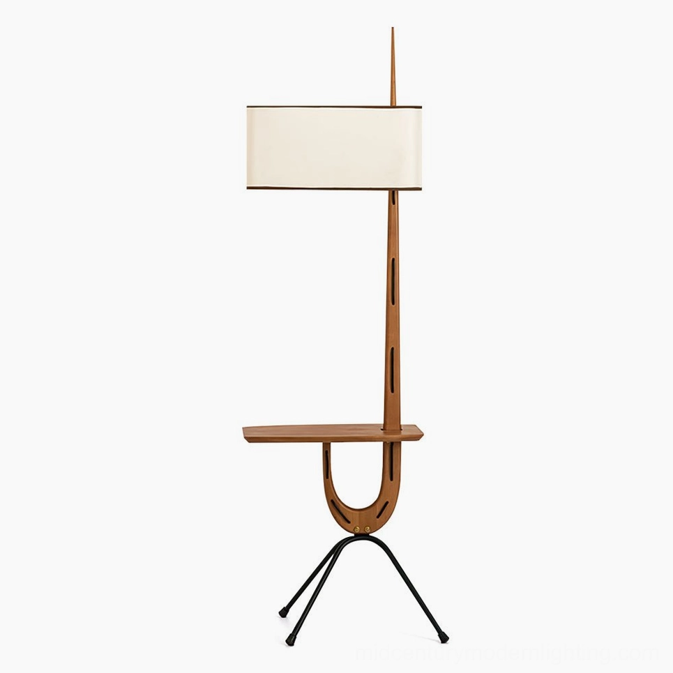 Rispal Giraffe Floor Lamp with integrated walnut wood console shelf and white fabric drum shade on slim black iron tripod base, front studio view