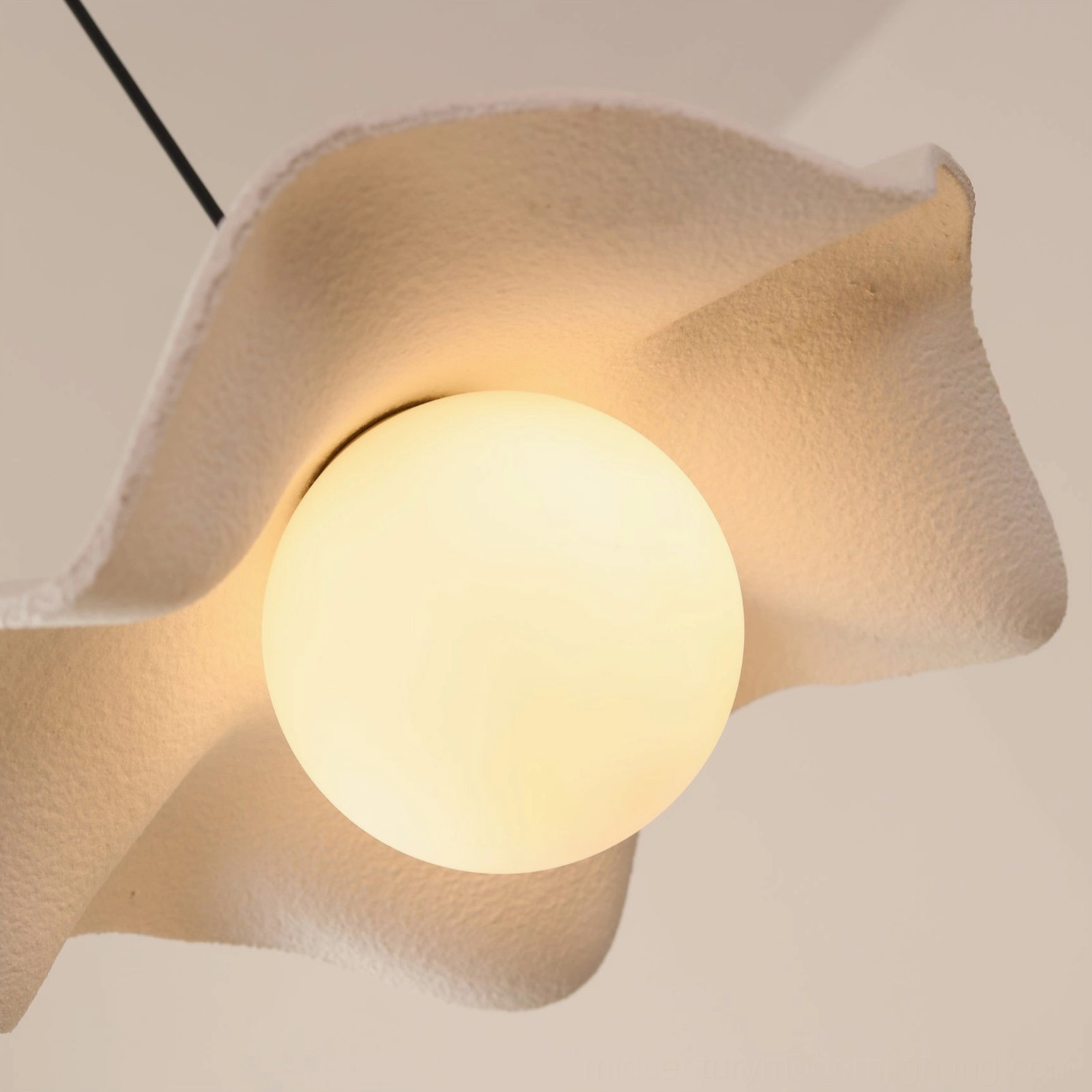 Rivale wavy pendant light close-up macro textured matte white shade wooden connector