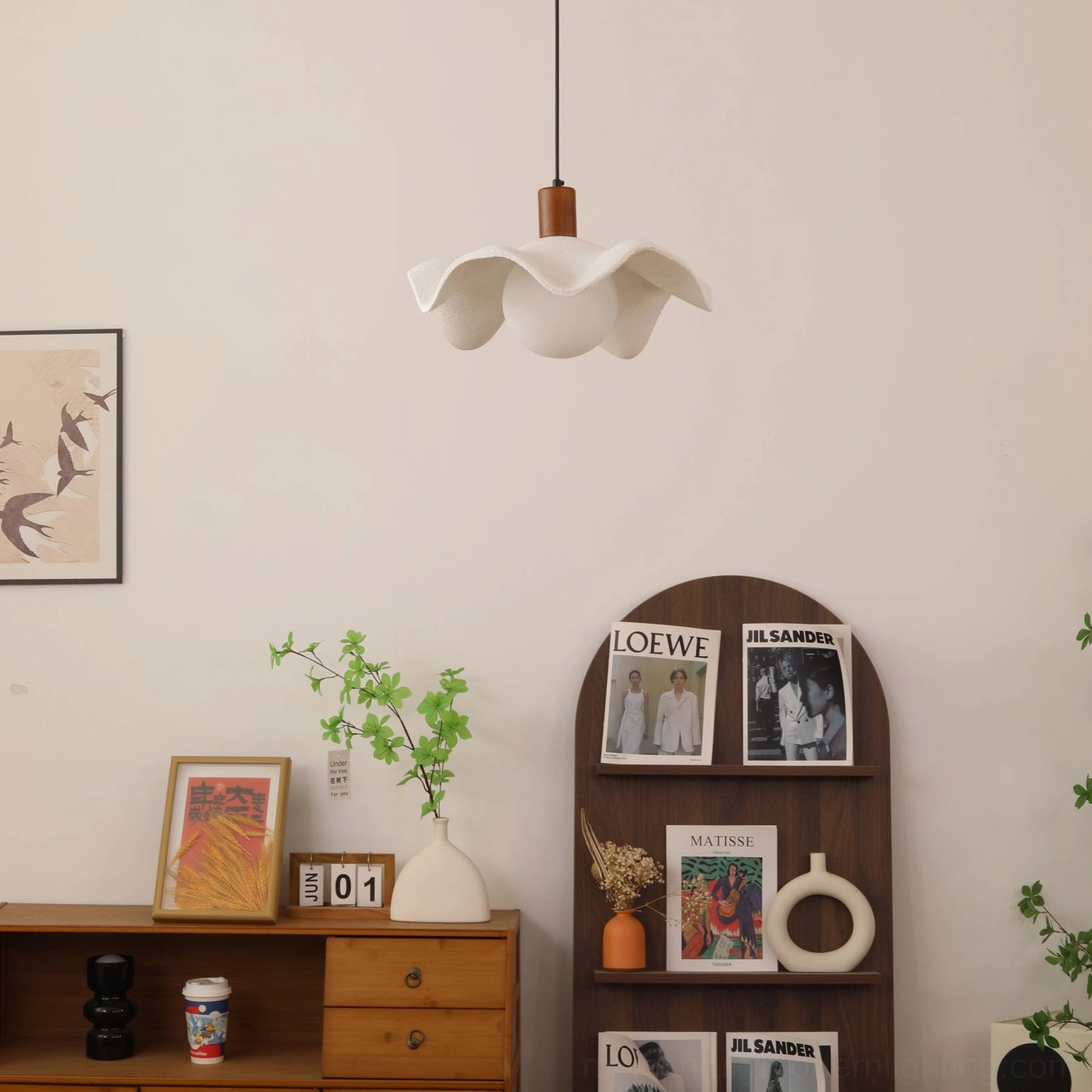 Rivale wavy pendant light high side angle vintage home study wooden furniture plants