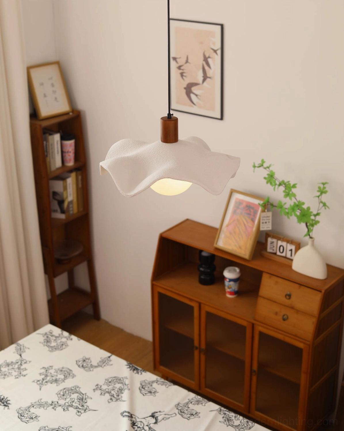 Rivale mid-century modern wavy pendant light in vintage wooden study decor