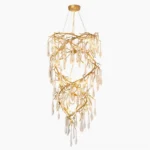 Rivulet crystal chandelier with hand-forged brass spiral branches and 20 hand-cut crystal droplets, frontal studio view