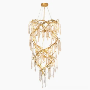 Rivulet crystal chandelier with hand-forged brass spiral branches and 20 hand-cut crystal droplets, frontal studio view