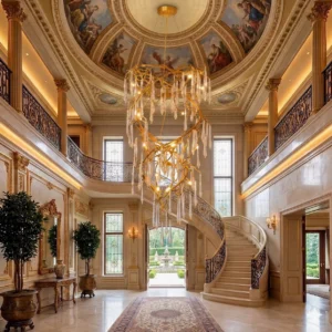 Rivulet crystal chandelier installed in luxury neoclassical villa foyer with domed ceiling, showcasing 180cm cascade