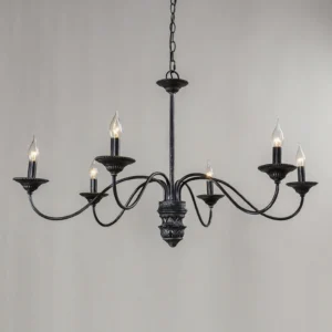 Rohan 6-light vintage black chandelier three-quarter angle showing ornate carved central column and candle-style lights
