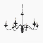 Rohan 8-light black distressed farmhouse chandelier frontal view with curved wrought iron arms and carved central base