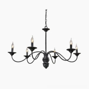 Rohan 8-light black distressed farmhouse chandelier frontal view with curved wrought iron arms and carved central base
