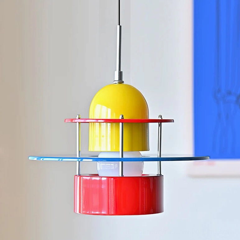 Rolly pendant light bold color blocking multi-layered design front close-up featuring yellow red and blue composition