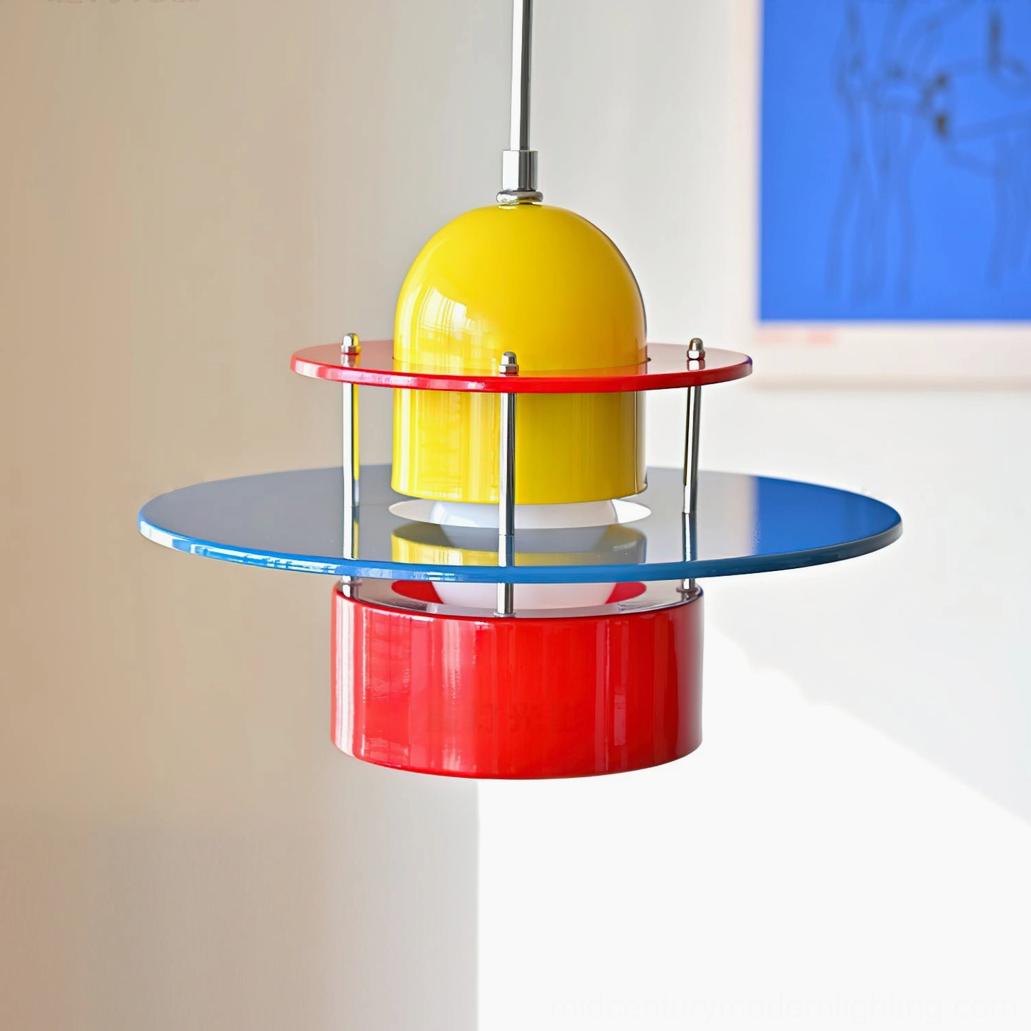 Rolly pendant lamp overhead close-up revealing glossy painted metal construction and bold primary color palette composition