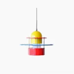 Rolly Memphis design pendant light front view showcasing vibrant yellow dome, red and blue geometric disc layers on white background