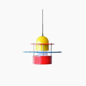 Rolly Memphis design pendant light front view showcasing vibrant yellow dome, red and blue geometric disc layers on white background