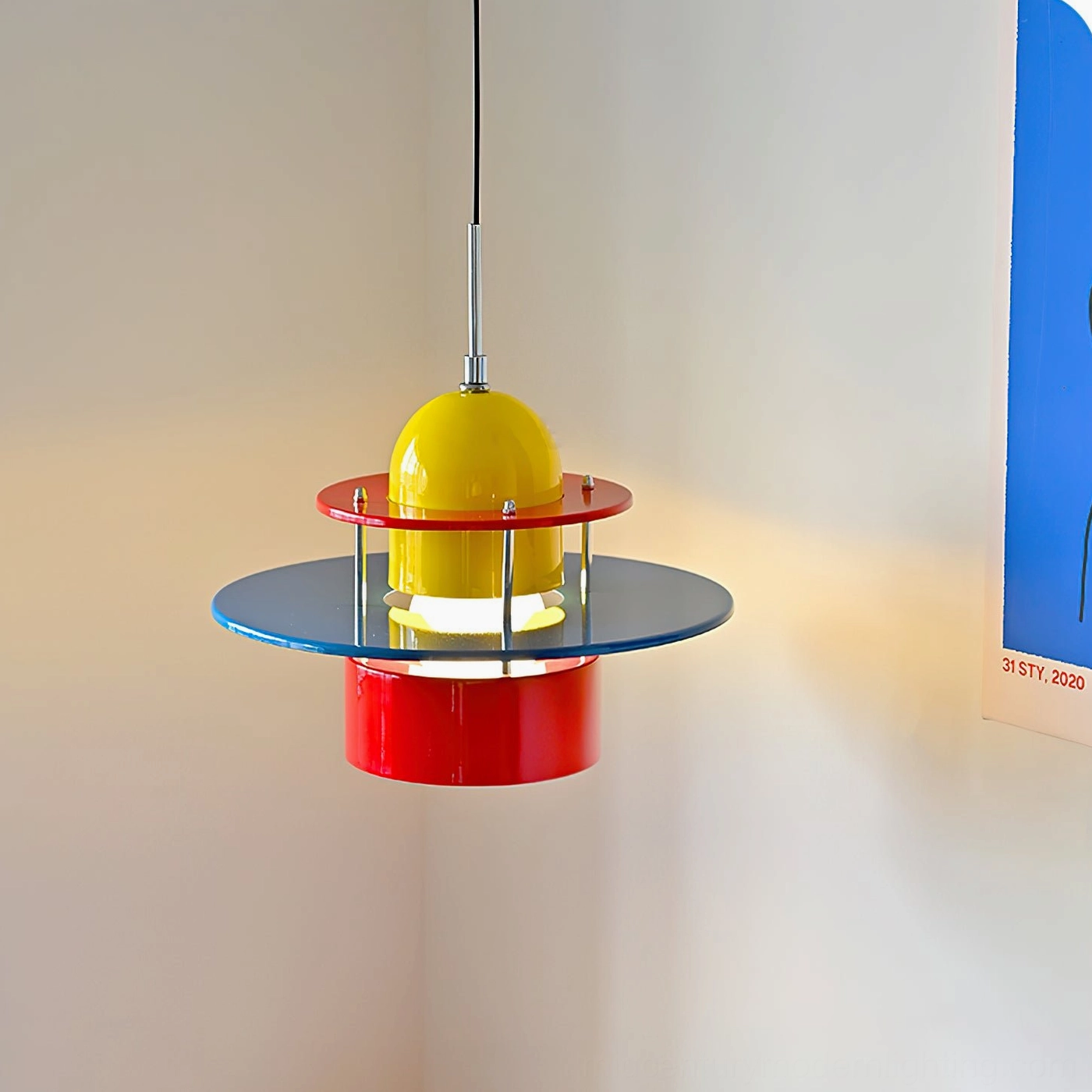 Rolly pendant light side flat view displaying smooth metal layered construction in minimalist hallway interior