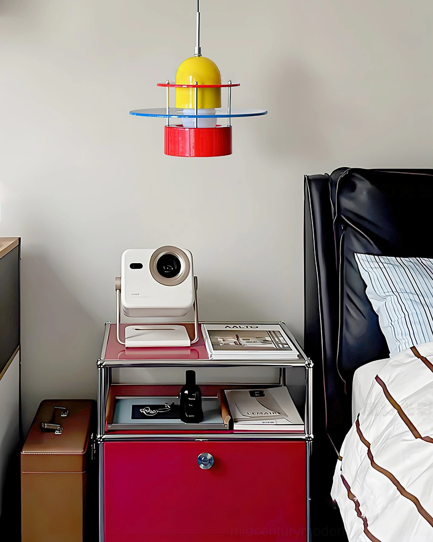 Rolly mini pendant fixture distant view in cozy modern bedroom corner creating warm minimalist home ambiance