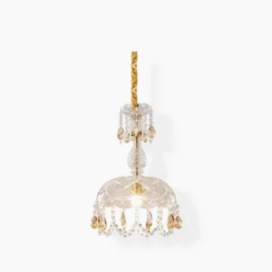 Rondelle crystal pendant light with faceted clear glass shade and cut crystal pendants, mid-century modern design, front studio view