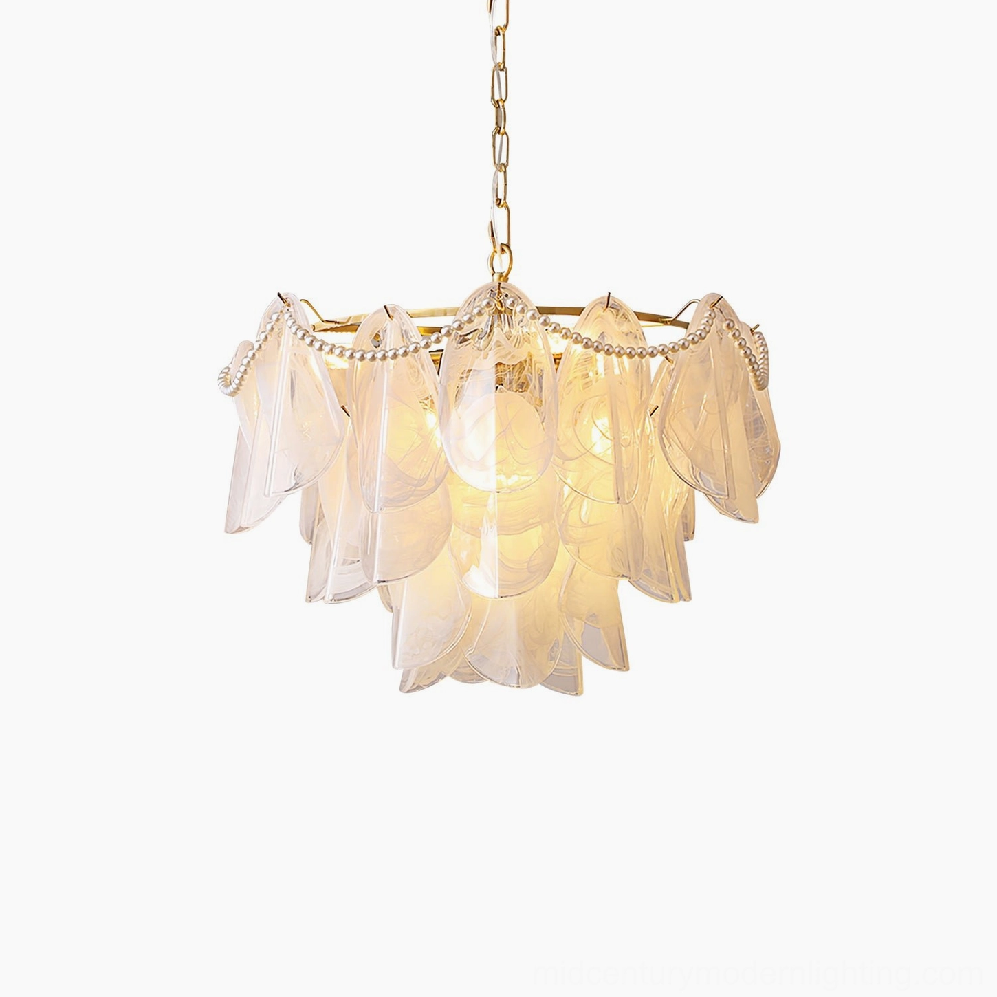 Rondini chandelier artistic full view, sculptural glass form with pearl stranding, mid-century modern classic