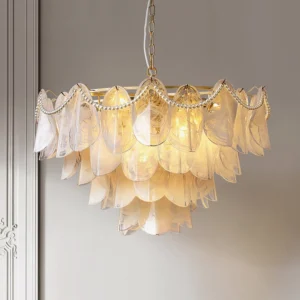 Rondini textured cloud glass chandelier hanging from ceiling, warm overhead lighting, layered pearl beaded frame