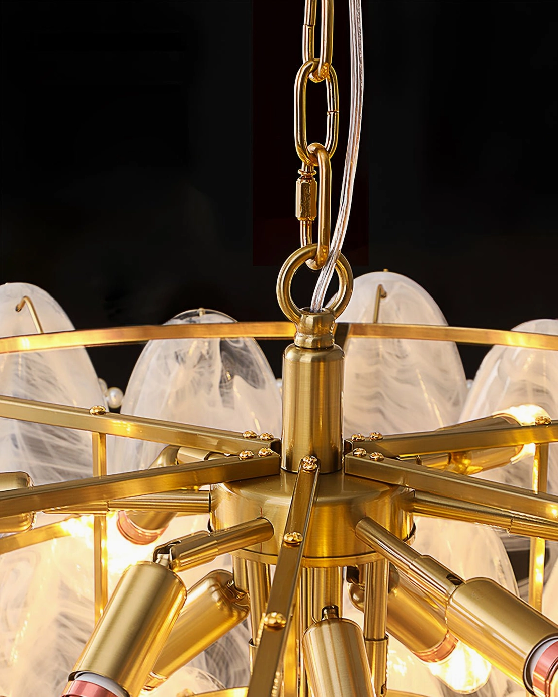 Rondini chandelier metal frame bottom view, polished gold finish with exposed E14 bulb sockets
