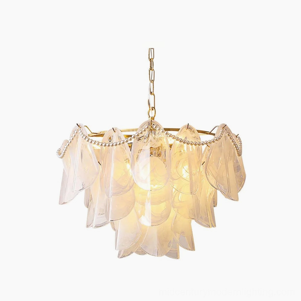 Rondini hand-blown glass chandelier with pearl stranding detail on white background, mid-century modern design