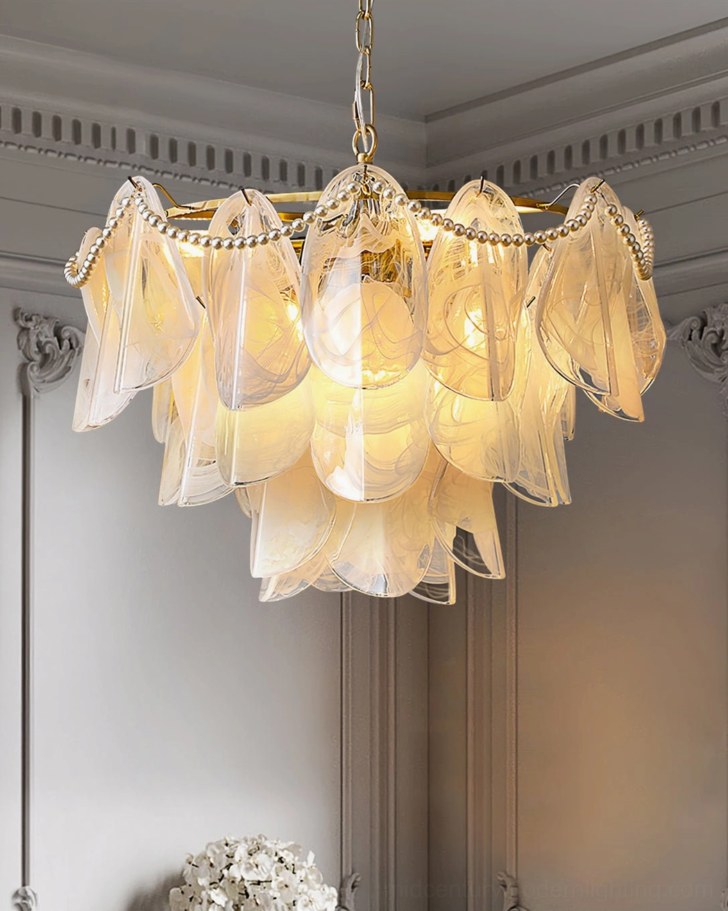 Rondini chandelier low angle view, gold metal frame with frosted glass orbs, luxury decorative lighting fixture