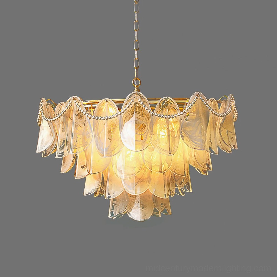 Rondini chandelier large 80cm size with round canopy, hand-blown textured glass, pearl decorated frame