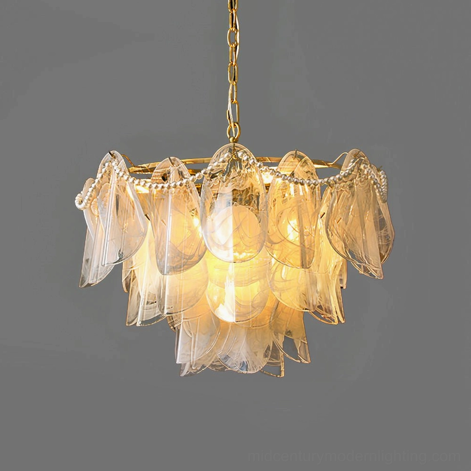Rondini chandelier medium 60cm size with round canopy, cloud glass orbs, artisanal pearl beading detail