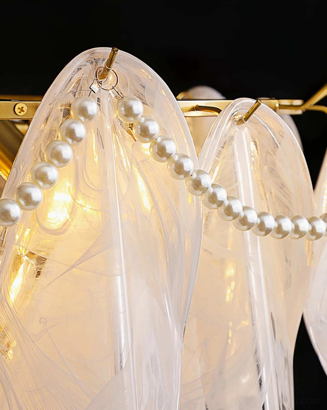 Rondini mid-century modern chandelier, complete view of hand-blown glass cluster design with pearl stranding