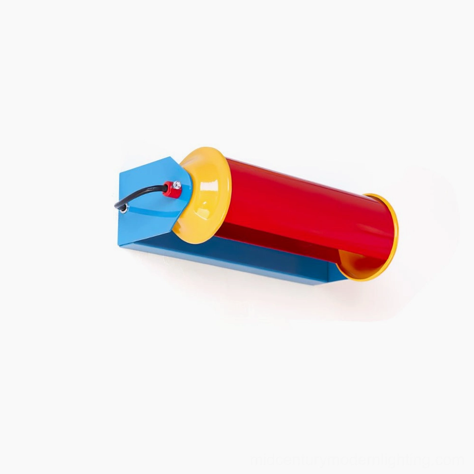 Rondo Memphis wall lamp side front view showing tri-color red yellow blue cylindrical design