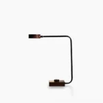 Rondo modern LED table lamp with walnut wood base and matte black metal shade, front view on white background