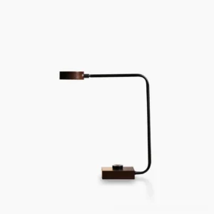 Rondo modern LED table lamp with walnut wood base and matte black metal shade, front view on white background