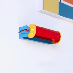 Rondo retro wall lamp mounted on white wall with abstract art background