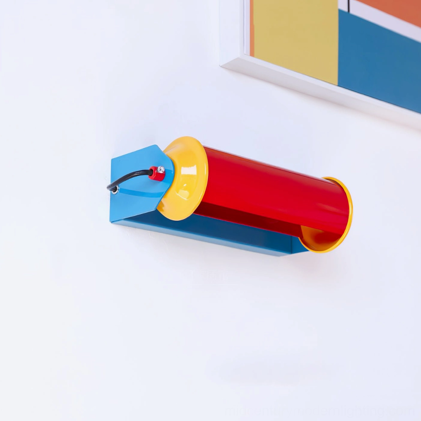 Rondo retro wall lamp mounted on white wall with abstract art background