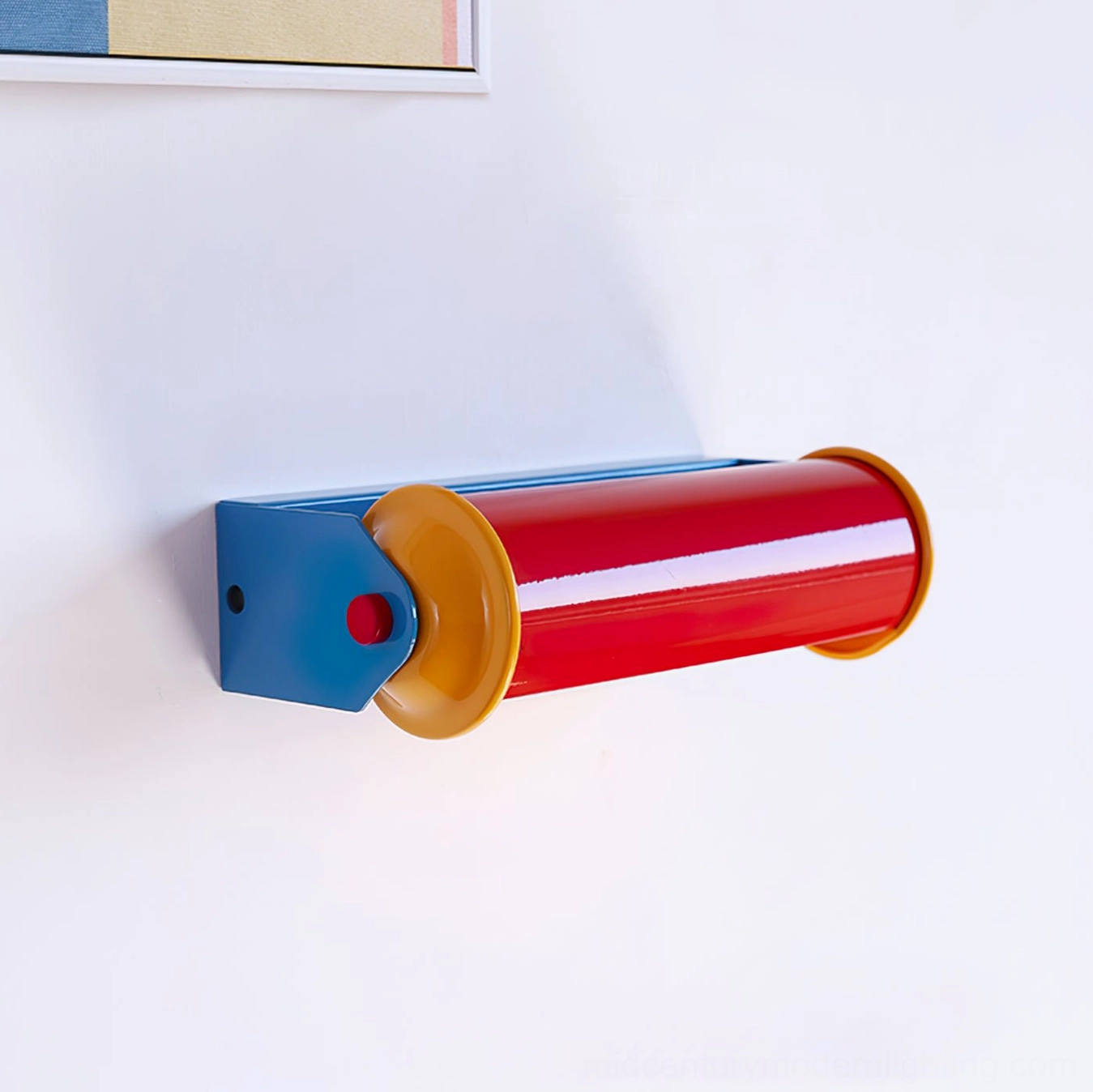 Rondo wall lamp left side view showing blue mounting plate and installation hardware