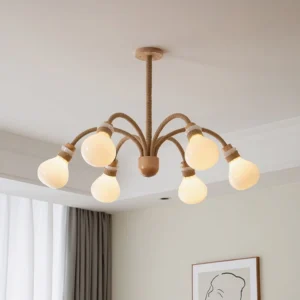 Overhead view of 6-head wooden jute chandelier with glowing frosted bulbs installed in minimalist beige living room