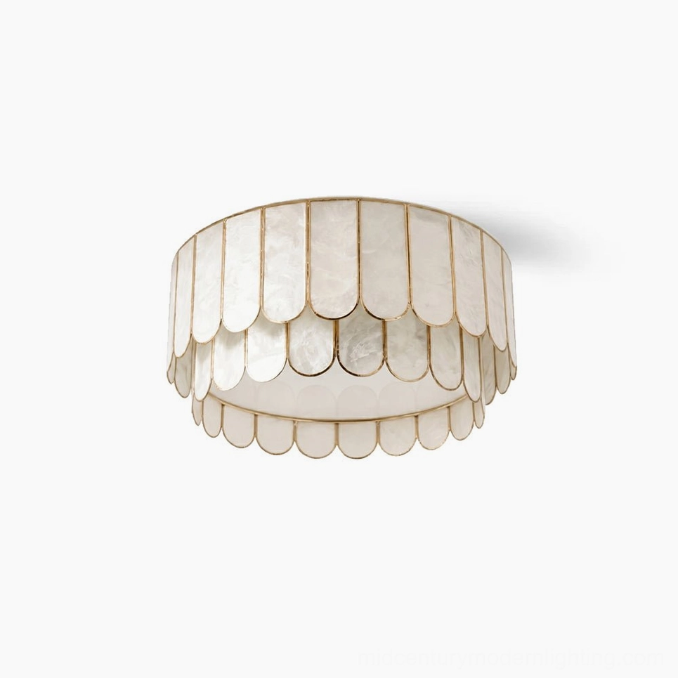 Rosa Capiz ceiling lamp with two-tier scalloped design and gold metal trim, top-down luxury lighting fixture view